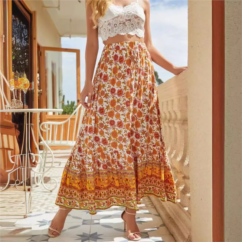 

Bohemian Split Countryside Retro Vacation Big Swing Skirt For Women High Waist Ethnic Style Button Splicing Long Skirt Ropa Muje