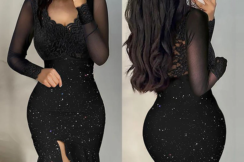 Abito da donna primavera estate lungo scollo a V in pizzo con volant impiombato abito da sera nero a vita alta