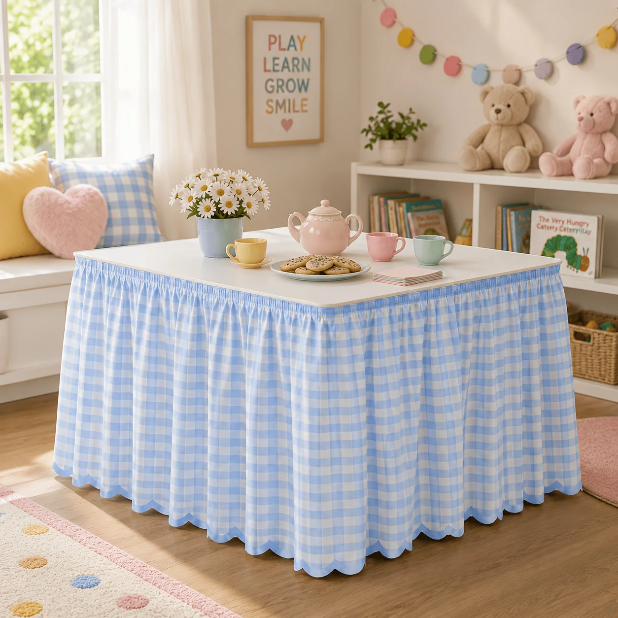 Halloween, Christmas, party table skirts, one-piece, light blue and white checkered theme, fresh and rural stylexzj
