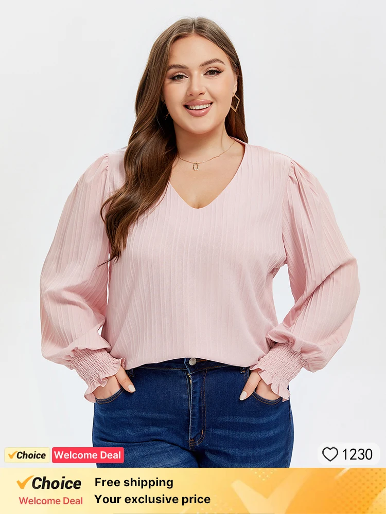 

Plus Sized Clothing V-Neck Puff Sleeve Blouse Elegant Long Sleeve Casual Shirts Fashion Solid Office Shirts Lady Tops