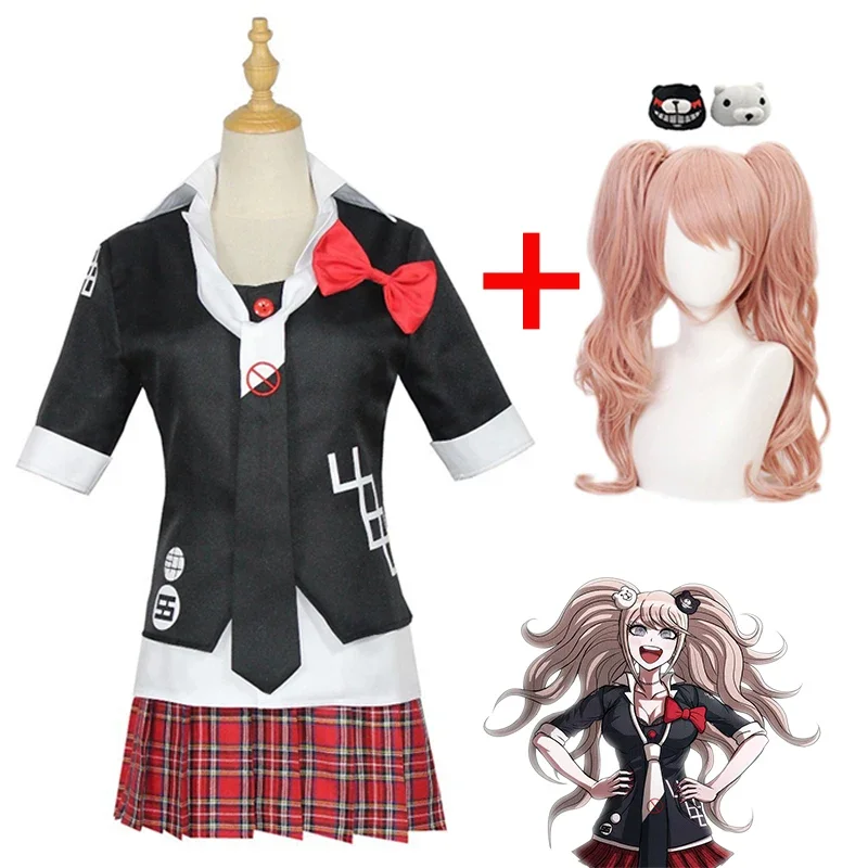 

Anime Danganronpa Cosplay Costume Enoshima Junko Uniform Cafe Work Clothes Short Skirt Double Tail Braid Wig