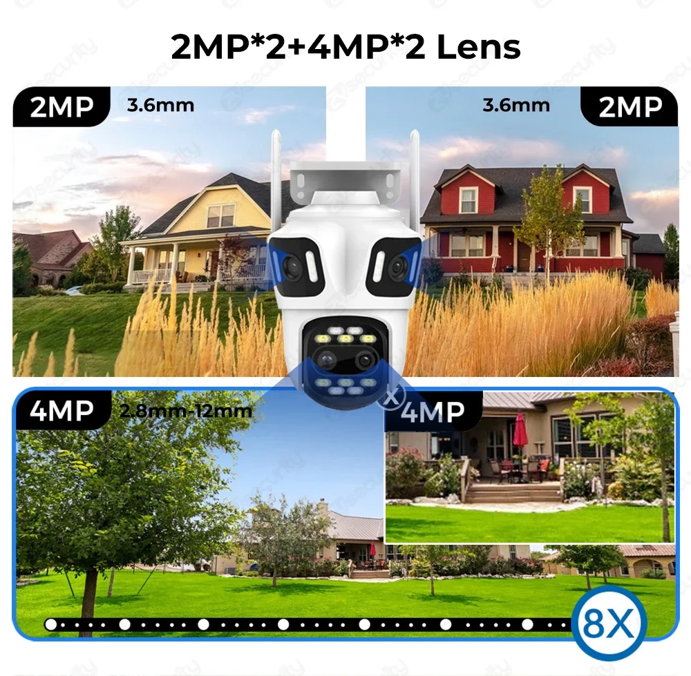 Four lens 8X Hybrid Zoom Wifi Surveillance Camera Outdoor Four Screen Auto Tracking IP Camera Human Detect PTZ Security Cameras