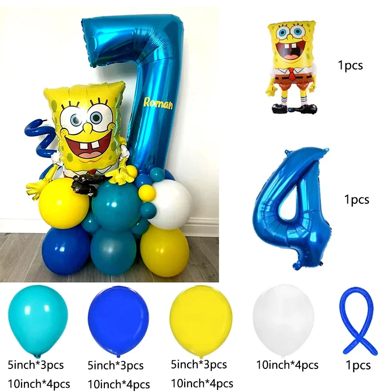 SpongeBob SquarePants Theme Birthday 32 Inch Number Balloon Set Children's Event Supplies Aluminum Foil Latex Balloon Decoration