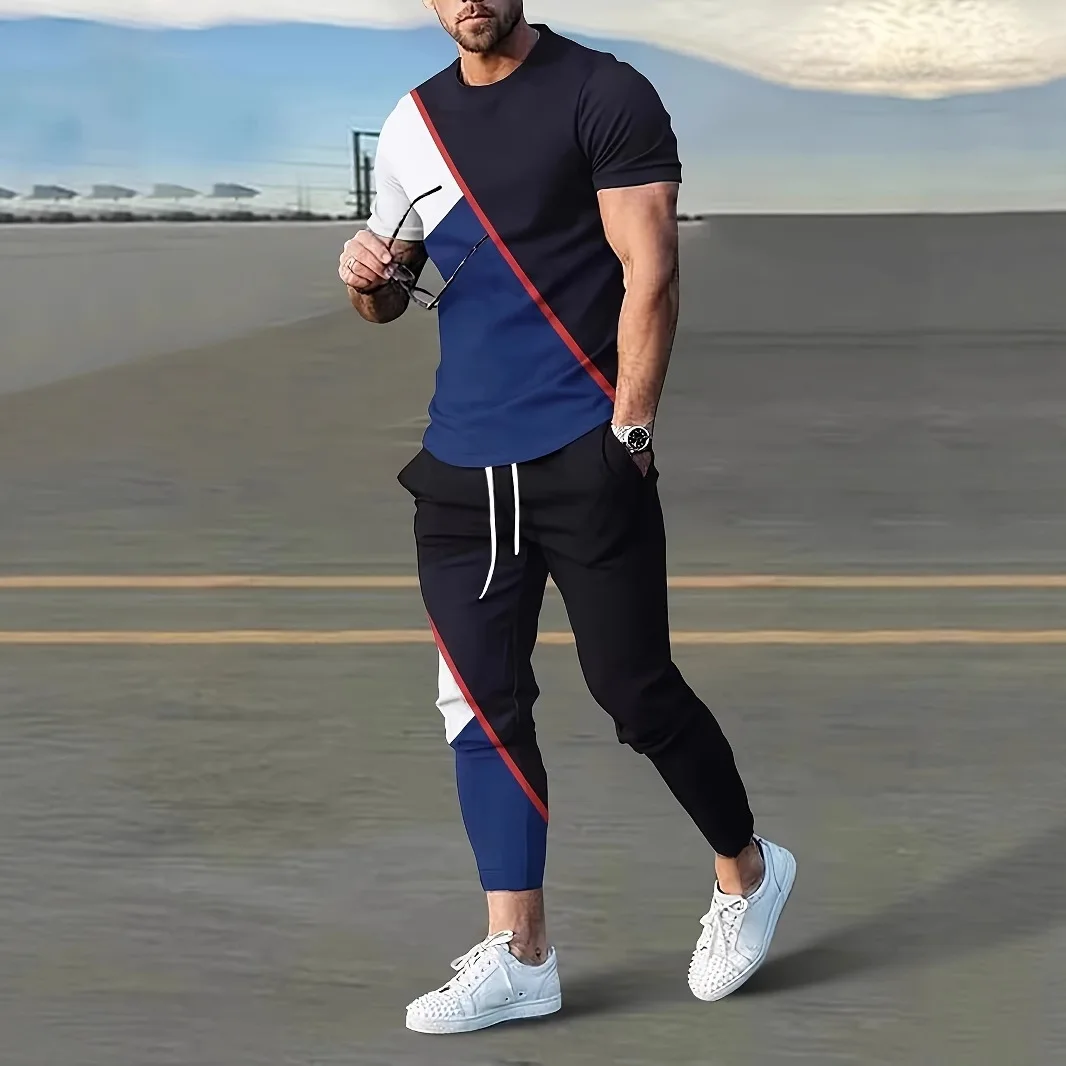 New Mens Casual Short Sleeve Set 3D Digital Printing Colorful Stripes Fashion Short Sleeve  Long Pants Suit.