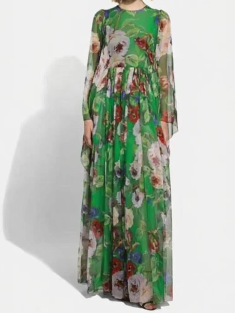 2025년 봄/여름 여성 신상 라운드넥 박쥐소매 시폰 프린트 루즈핏 드레스, 궁궐풍 허리 스윙 휴가 원피스