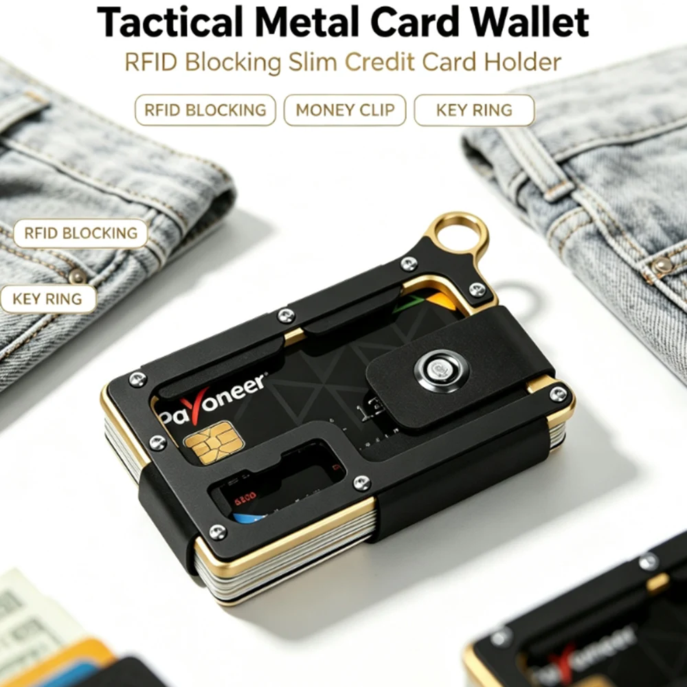 Tactical Aluminum Card Holder Wallet, RFID Blocking Minimalist Credit Card Case with Money Clip Key Ring Slim Pocket Cardholder