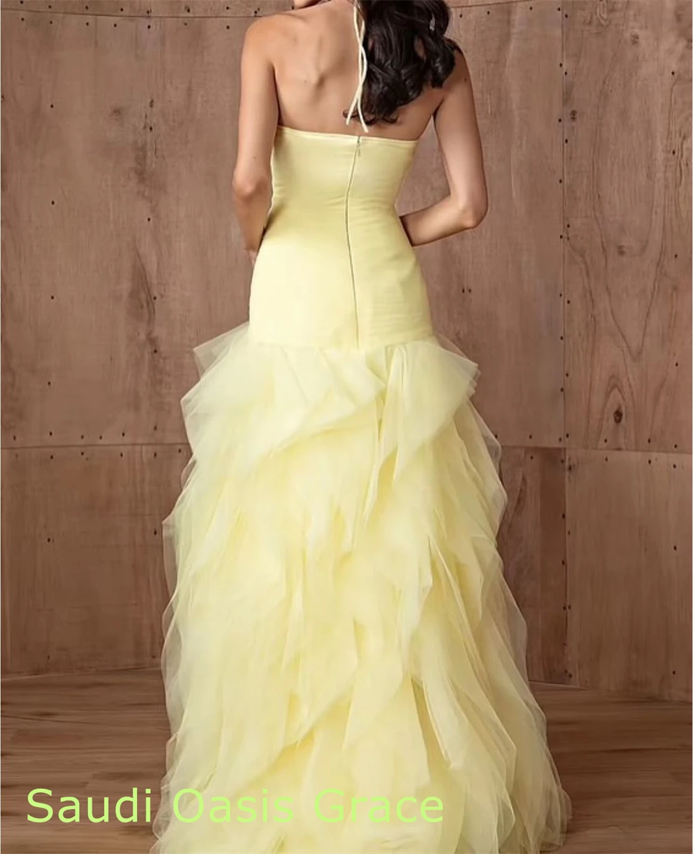 

Customized Modern Yellow Tulle Evening Dress Delicate Crew Neck Sleeveless Party Dress High Quality Floor Length Celebrity Gowns