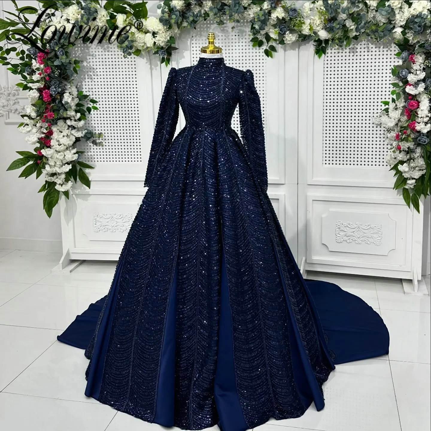 

Navy Blue Beaded High Neck Muslim Evening Dresses Customized Dubai Puffy Ruched Arabic Prom Gows for Weddings Vestidos De Noche