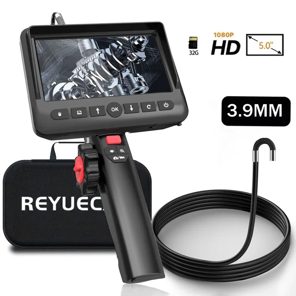 REYUECAM 2.0MP 3.9mm/5..5mm Articulating Endoscope Camera 2 Way 210 Degree Steering Industrial Borescope  with speaker 6 Leds