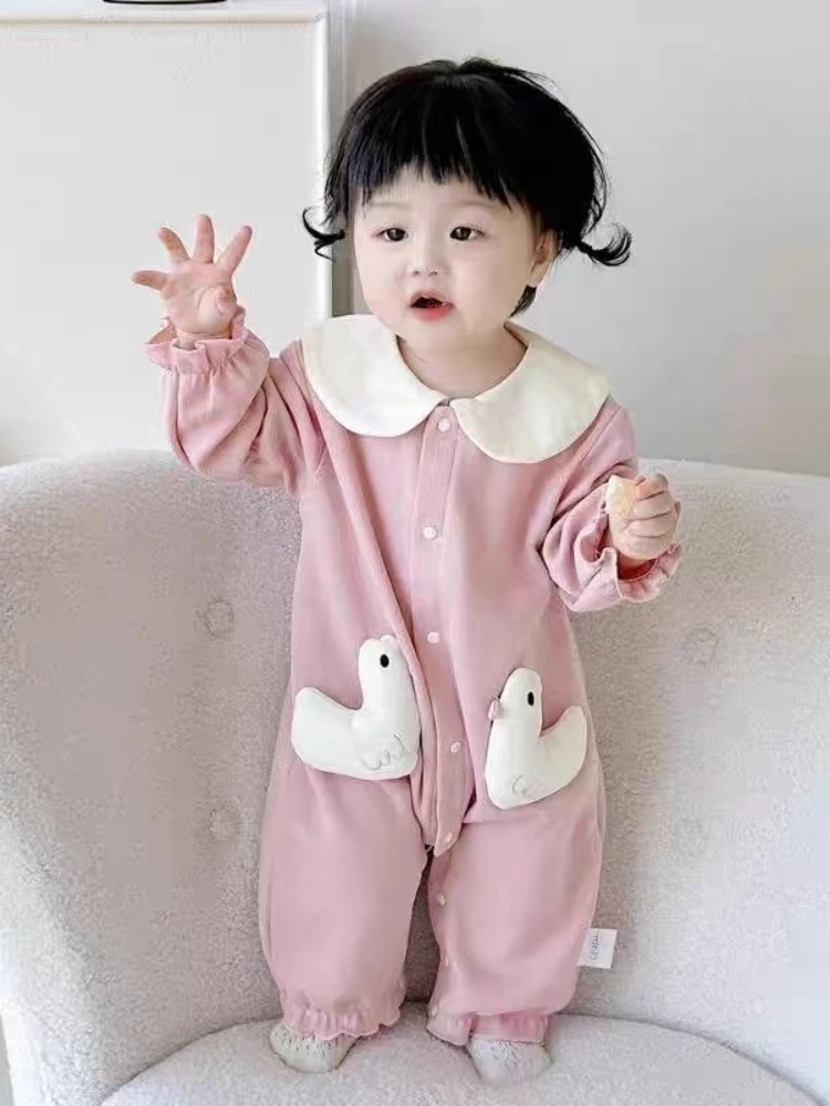 Infants Baby Girl Long-Sleeve Jumpsuit for Spring Autumn Outware Newborn Cute Collared One-Piece Romper Clothing 3-6-9-12M