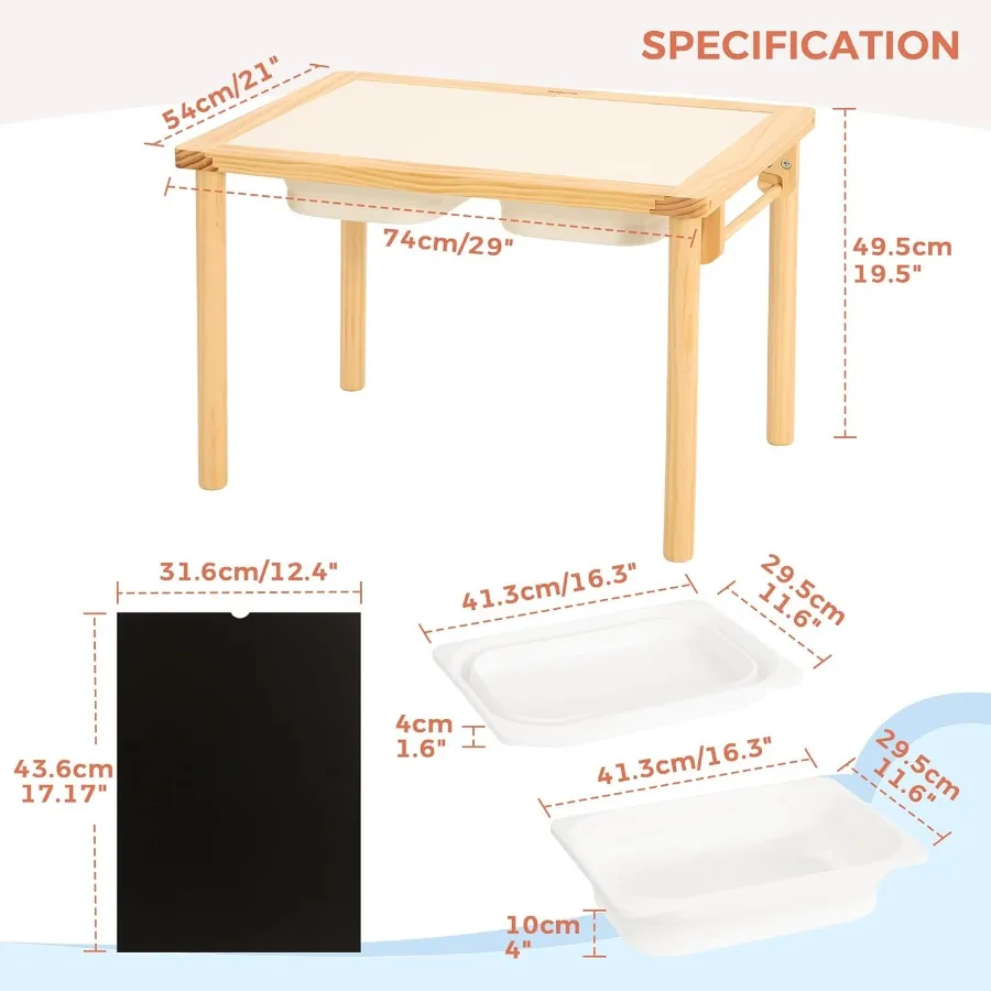 Table sensorielle pour tout-petits avec 2 bacs de rangement, table d'activité en bois avec planches double face, jeu de sable et d'eau en intérieur et en extérieur