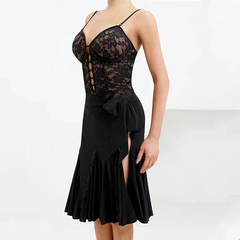 Traje de baile latino para mujer, falda con flecos, vestido de encaje negro con cintura vendaje, ropa de práctica para adultos, ropa de actuación de Samba DNV14849