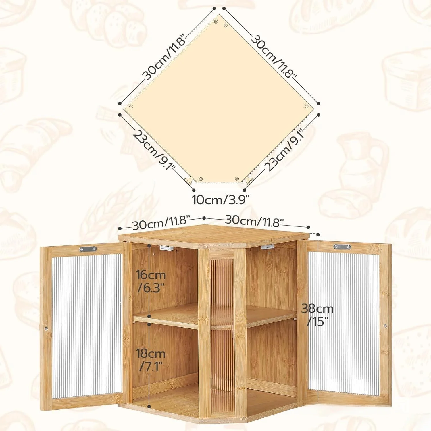 Modern Minimalist Bamboo Wood Bread Box Kitchen Countertop Corner Food Organizer Storage Box Transparent Door Ripple Design