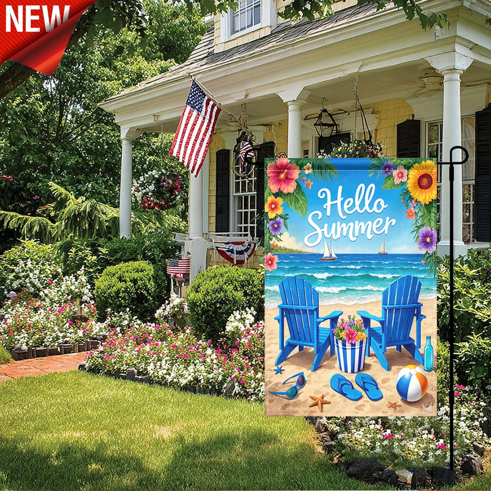 

1PC, Hello Summer Beach Garden Flag Tropical Floral Ocean Scene Outdoor Decorative Yard Flag with Blue Chairs