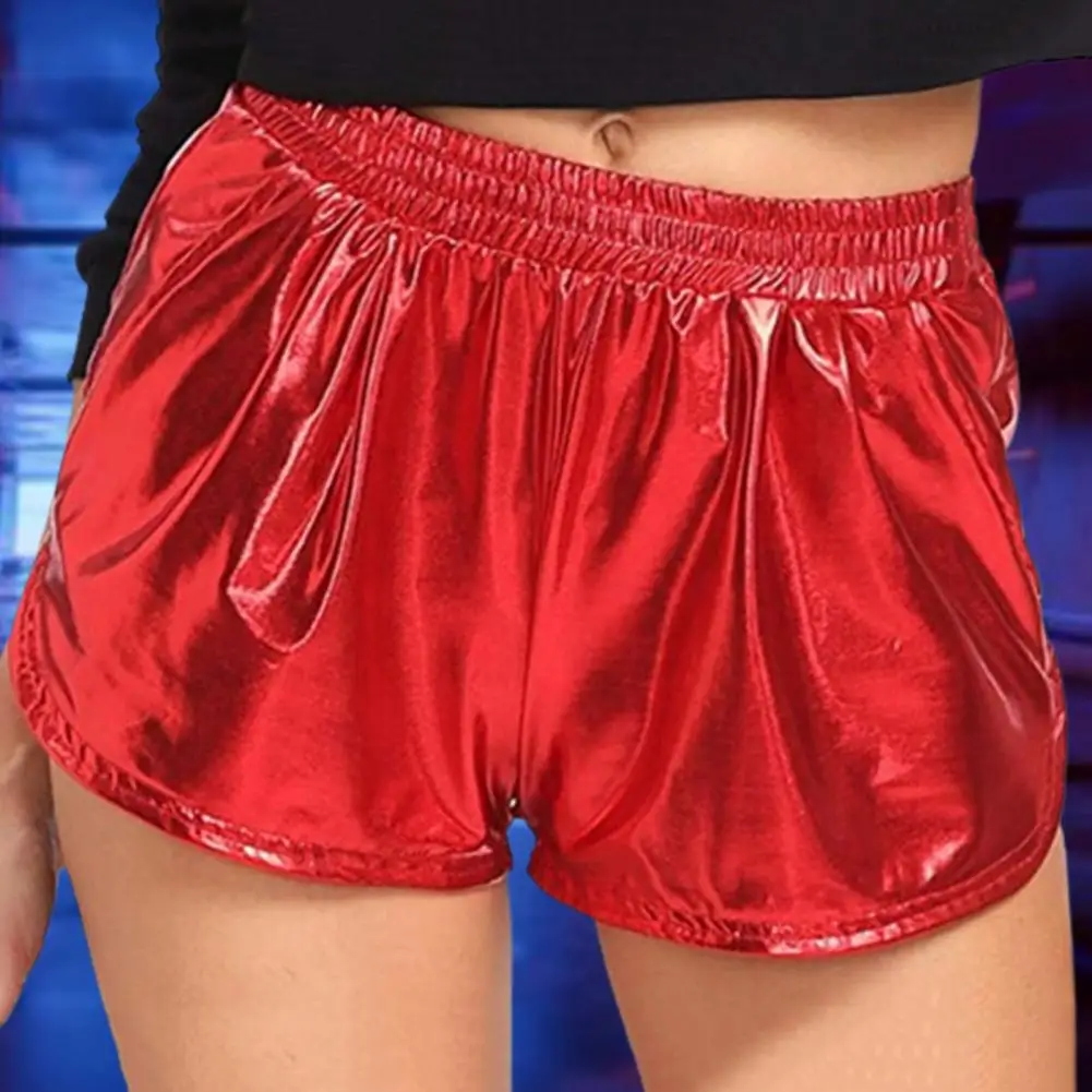 Women Casual Shorts Elastic High Waist Glossy Surface Faux Leather Shorts With Pockets Streetwear