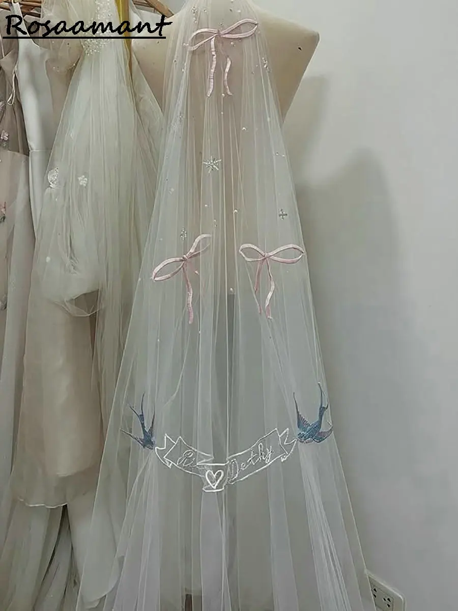 꽃 아플리케 레이스 웨딩 베일, 바닥 길이 활 신부 베일, 2 레이어