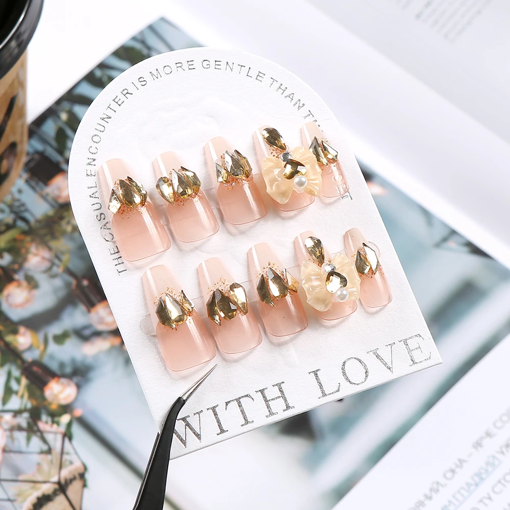 24 Uds. De Gel de gelatina con lazo de diamante brillante, punta para uñas, diamantes de imitación, lazo brillante, uñas postizas hechas a mano, puntas de uñas postizas francesas desnudas
