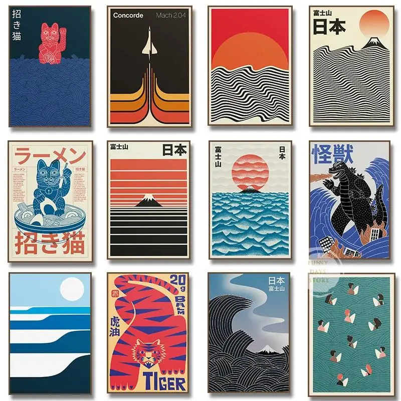 Póster con estampado de gato de la fortuna Ramen, poder monstruo, arte espacial minimalista moderno, pintura en lienzo de Monte japonés Fuji, decoración del hogar
