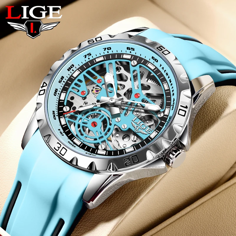 2024 New LIGE Top Brand Luxury Hollow Waterproof Tourbillon Mechanical Automatic Watch Men Silicone Skeleton Mens Watches + Box