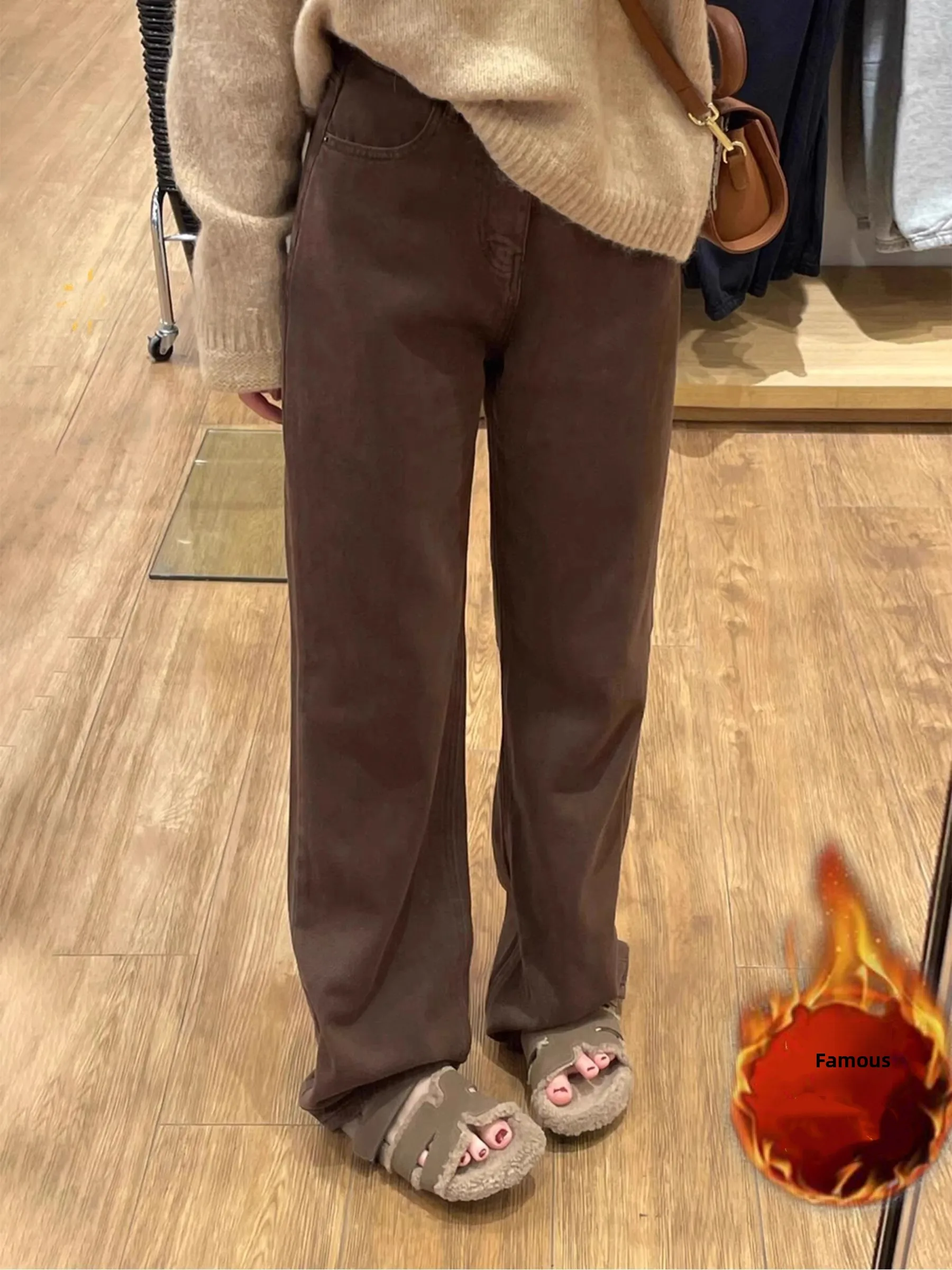 

Коричневые джинсовые брюки в американском стиле, женские джинсы с высокой талией, свободные прямые брюки с флисовой подкладкой, утягивающие широкие брюки, повседневная одежда