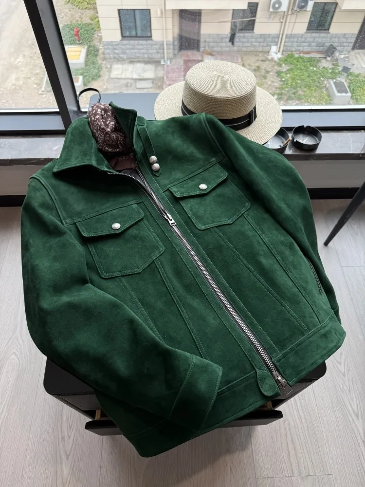 Top Quality Mens Real Suede Leather Jacket Motorcycle Biker Coat Slim Fit Italian Business Casual Work Natural Jacket New Green