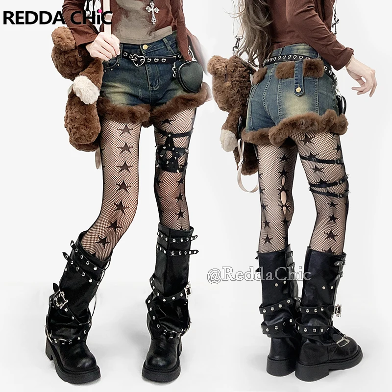 

REDDACHiC Cute Fluffy Denim Shorts Stretch Stitch Faux Fur Distressed Ripped Cargo Jean Shorts Y2k Retro Women Winter Clothes