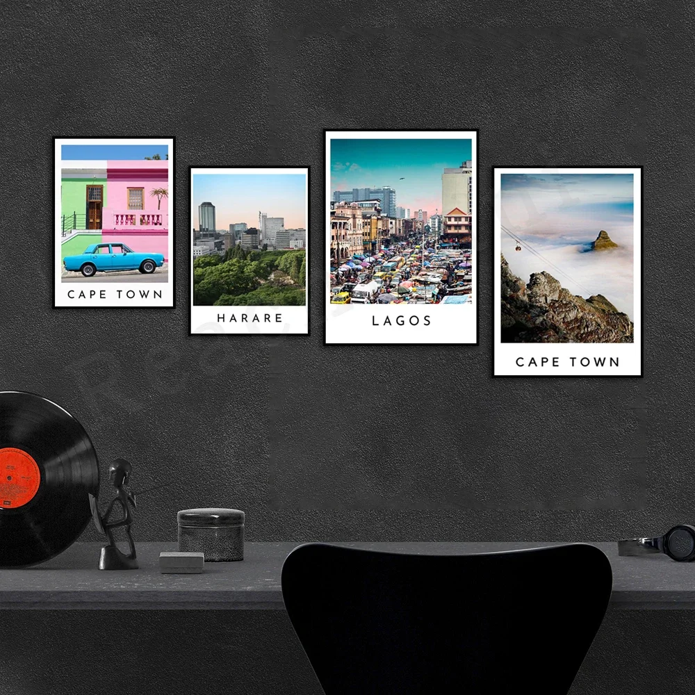 Harare Zimbabwe, beautiful sunset in Lagos Nigeria, Cape Town South Africa, colorful wall art poster print. travel poster