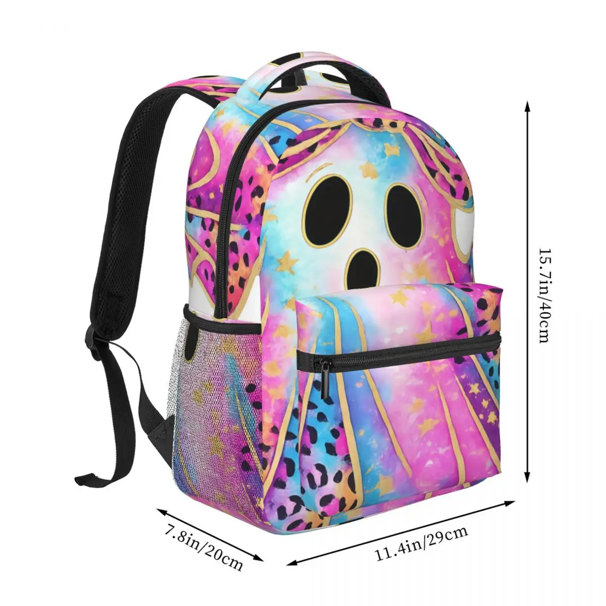 Print Backpack Center Ghost Leopard Bow Bat Cute Kawaii Halloween Pink Purple Blue Gold Edgy Daypack for School Work Weekend Gym