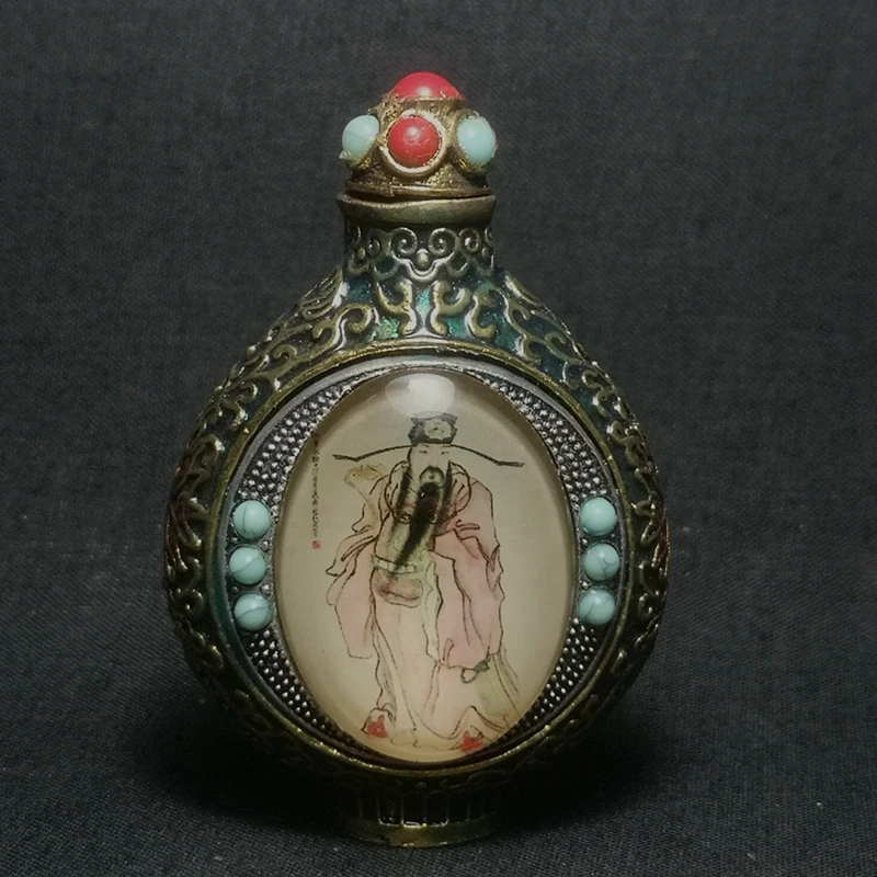 YIZHU CULTUER ART Size 8 x 5.3 cm Chinese Bronze Inlay god of wealth god of longevity Figure Snuff bottles Old Collection