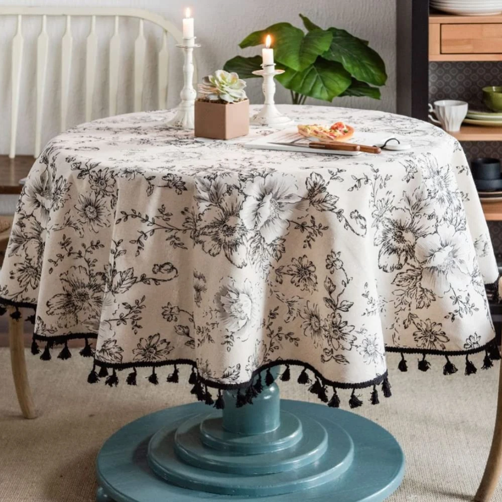 مفرش طاولة من القطن والكتان مفرش طاولة مستدير مزين بالزهور مع شرابات قابل للغسل للمطاعم والنزهات وغطاء الطاولة الداخلي لتزيين المنزل #3