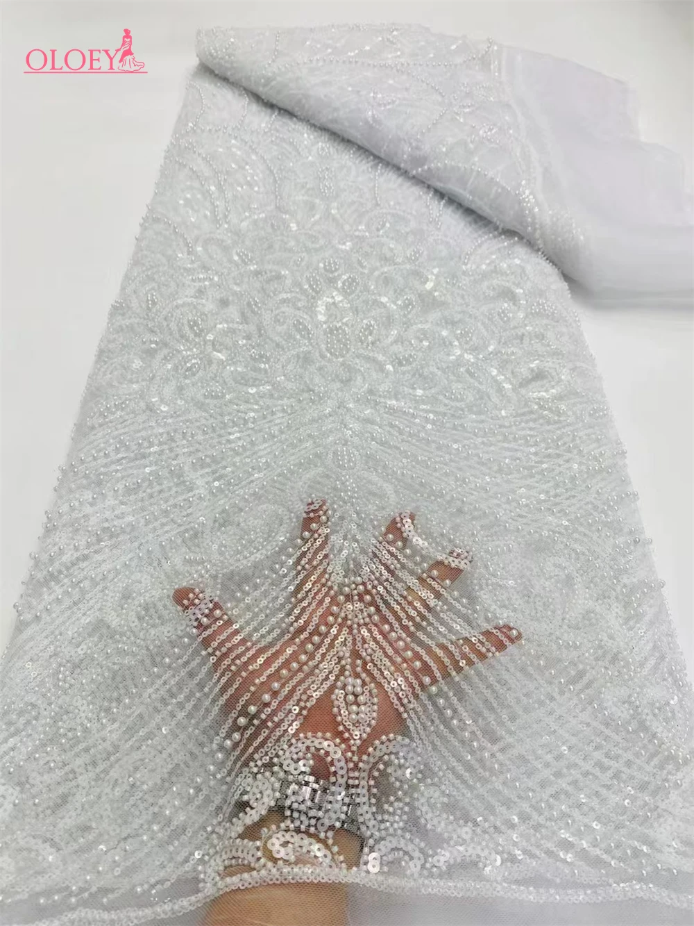 White Latest Hot Sale  Africa Lace Fabric High Quality Handmade Embroidery Lace With Beads Sequins Party For Wedding Dress