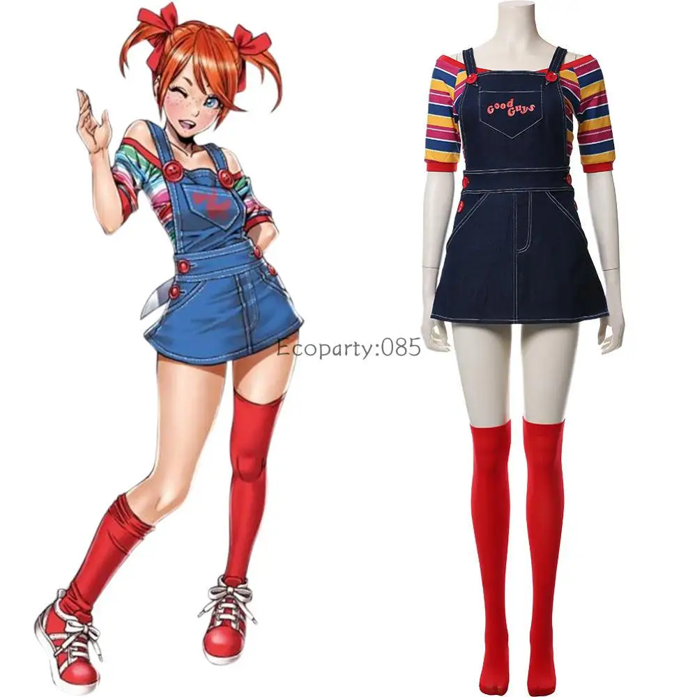 

Halloween Ghost Doll Cosplay Chucky Costumes for Women Outfit Adult Girls Fancy Dresses Carnival Horror Ghost Doll Clown Costume