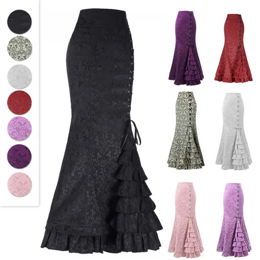 Women Skirt Gothic Vintage Victorian Steampunk Lace-Up Tiered Ruffled Fishtail Skirt Festival Solid Waist Mermaid Long Skirts