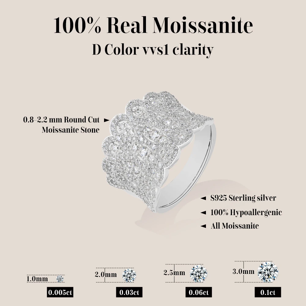 MintyBox Luxury Wide Band Full Pave Round Moissanite Ring for Women 925 Silver Sparkly Wedding Band Evening Party Finger Jewelry