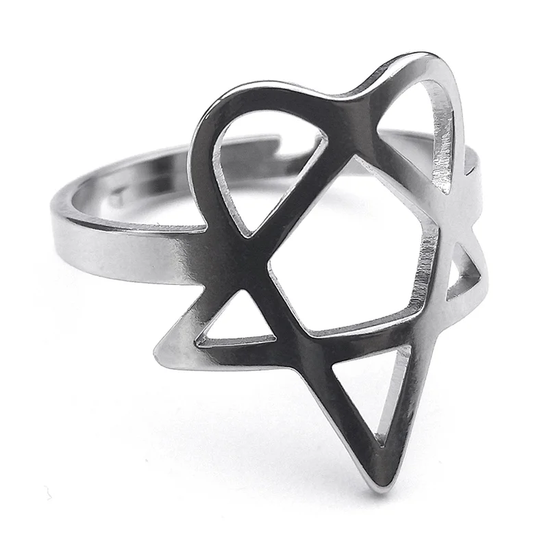 Rock Music Him Heartagram Rings for Men Women Stainless Steel Silver Color Star Heart Adjustable Ring Party Gift Jewelry R25S06