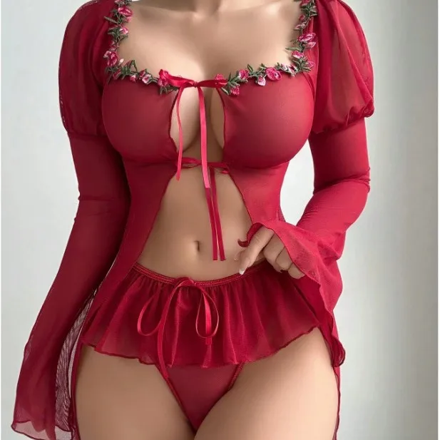 

Foreign trade supply cross-border European and American new sexy hollow lace thin see-through mesh skirt sexy lingerie set