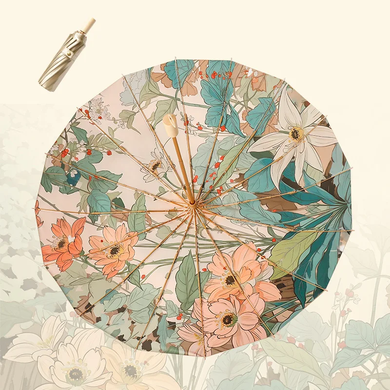 

16-Bone 3-Fold Luxurious Satin Titanium UV Protection Sunny-Rainy Two-in-One Vintage Women's Sun Umbrella