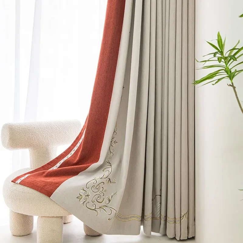 

FF1099 High-end light luxury cream style thickened chenille high shading seamless splicing living room balcony finished curtains