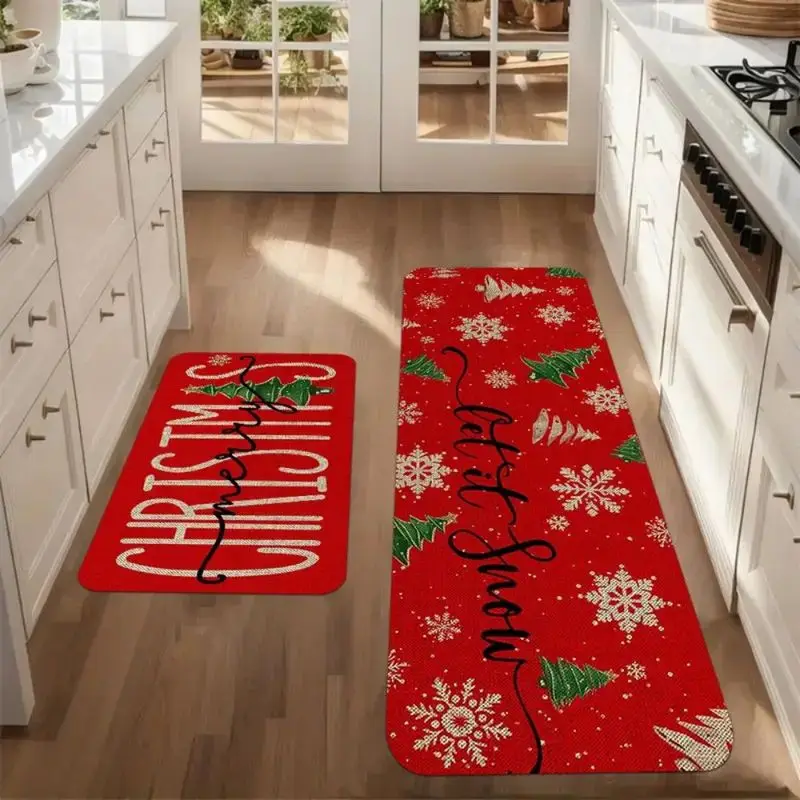 VIKAMA Christmas Kitchen Rug Set Red Merry Christmas Let It Snow Tree Print Soft Mat For Kitchen Floor Dining Room Holiday Decor