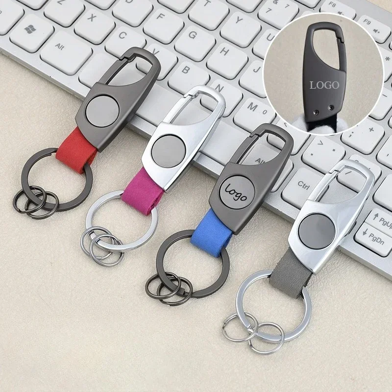 Vintage Custom LOGO Genuine Leather Metal Keychain Laser Engrave Car Keyring for Men Women Personalized Key Chain Ring Blank