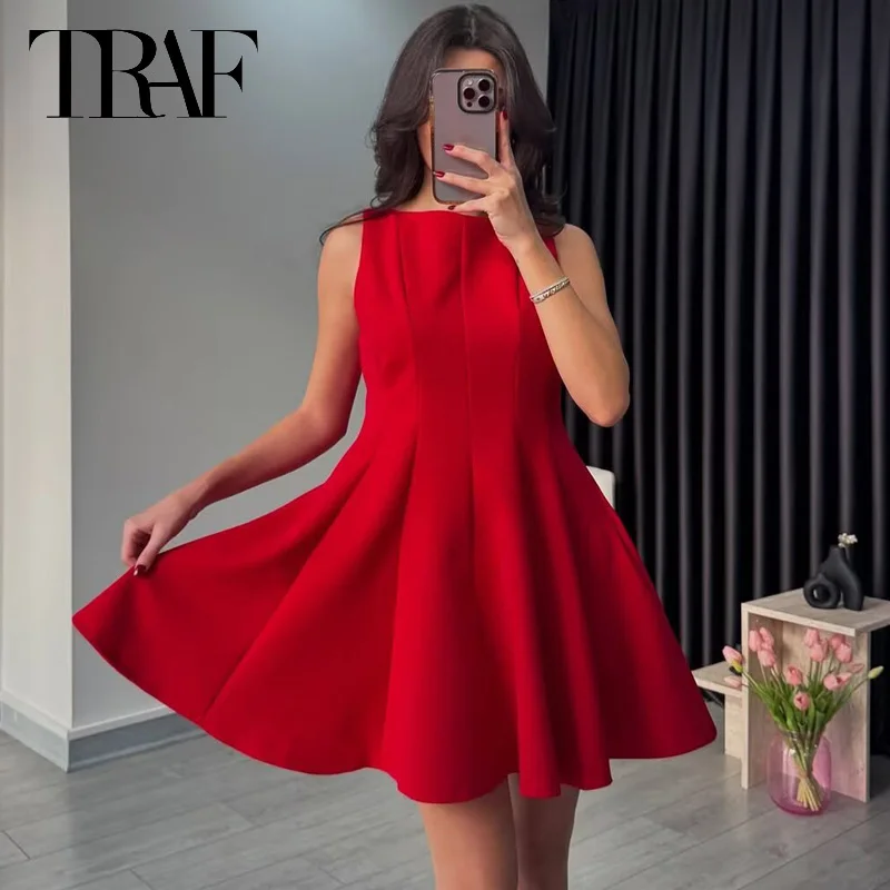 TRAF vestido de mujer rojo marrón blanco Borgoña negro Vestidos verano 2025 Mini cuello redondo sin mangas vestido veraniego elegante Vestidos de moda