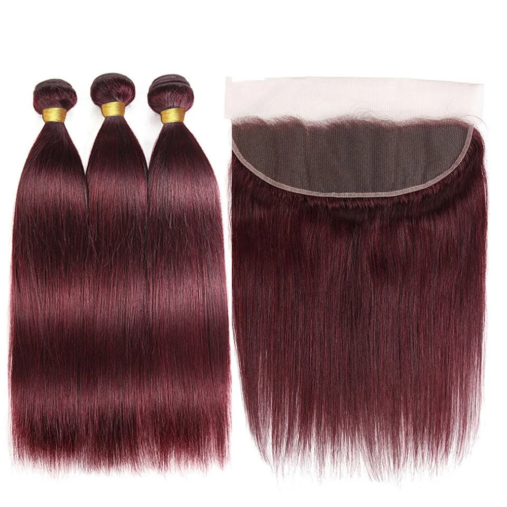 99J bundel dengan renda Frontal lurus Remy 100% rambut manusia tenun 3 bundel dengan 13x4 renda depan Burgundy rambut manusia Tissage