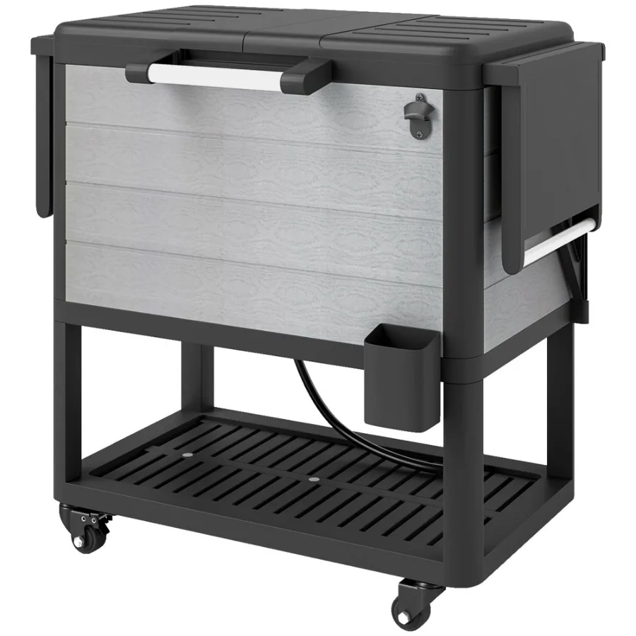 

104 Quart Large Capacity Outdoor Cooler Cart Patio Rolling Ice Chest with Bottle Opener Shelves Wheels Gray