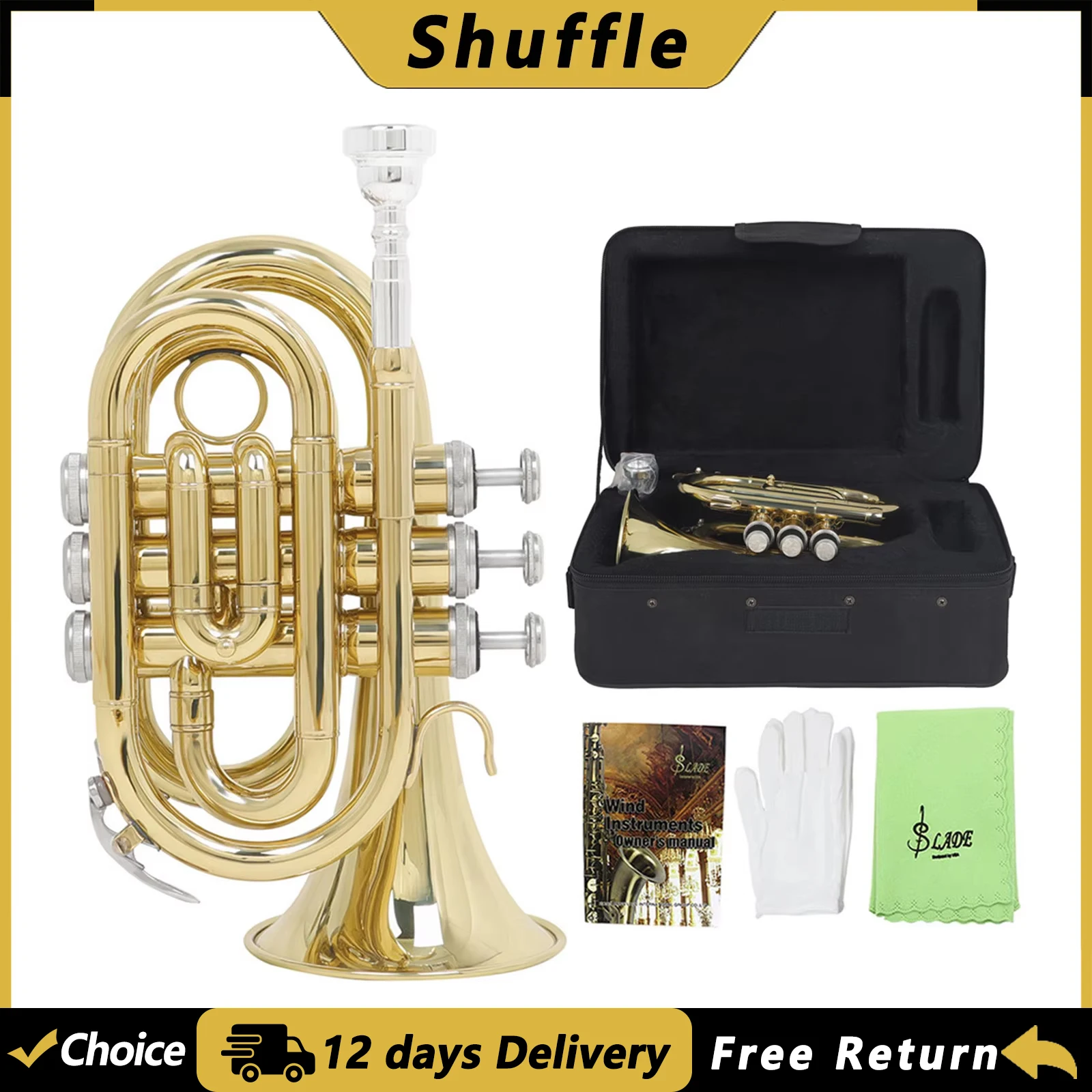 

SHUFFLE Bb Mini Pocket Trumpet B Flat Brass Body Cornet with Case Strap Glove Cloth Mouthpiece Professional Brass Instruments