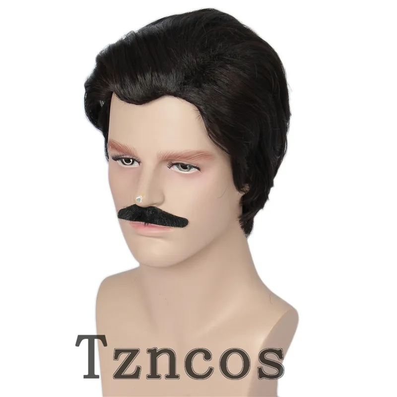 Tzncos-Perruque bouclée noire Chang D343 pour hommes, olympiques courts des années 80, perruque de sac et moustache, costume de cosplay d'Halloween