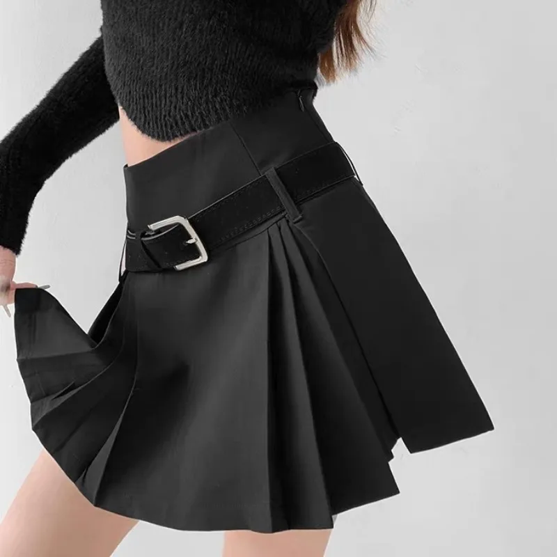 Women Pleated Skirt Gray A-line Dress Y2k Suit Short Skirt Belt College Style Streetwear Sweet Retro Chic Sexy Solid Casual