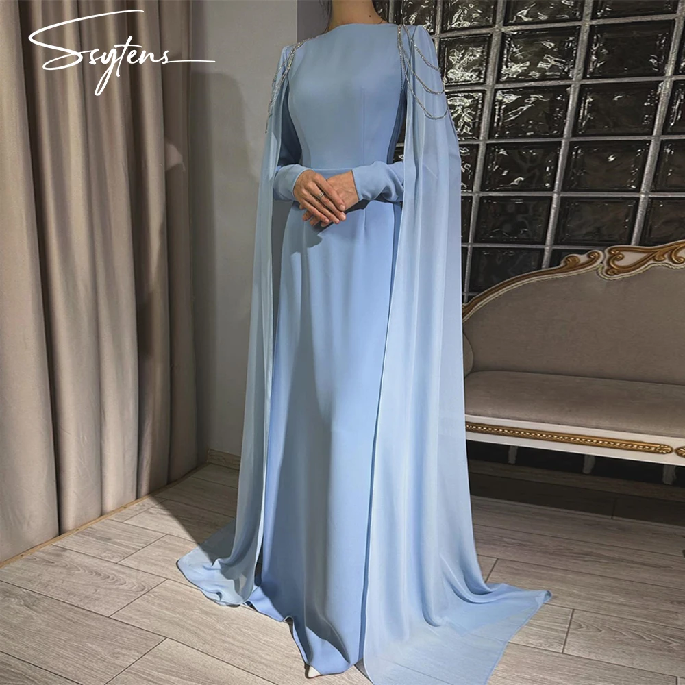 

Sky Blue Prom Dress Long Sleeve Pleat Floor-Length Elegant Evening Gown Party Dress For Women Tassel Cape Sleeve Vestido De Gala