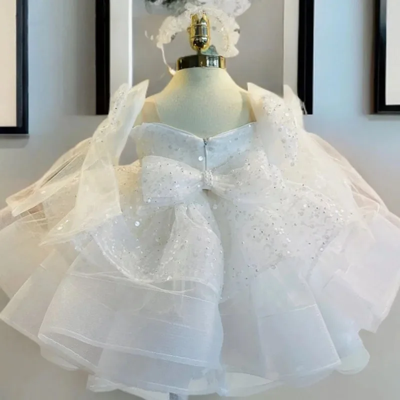Kids Baby Princess Beading Tulle Bow Flower Girl Dresses First Communion Dresses Birthday Christmas Gift Wedding Party Birthday