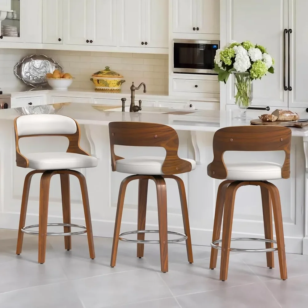 26" Counter Height Bar Stools, Mid Century Bar Stools with Solid Back, Barstools with Walnut Finish and Faux Leather Seat