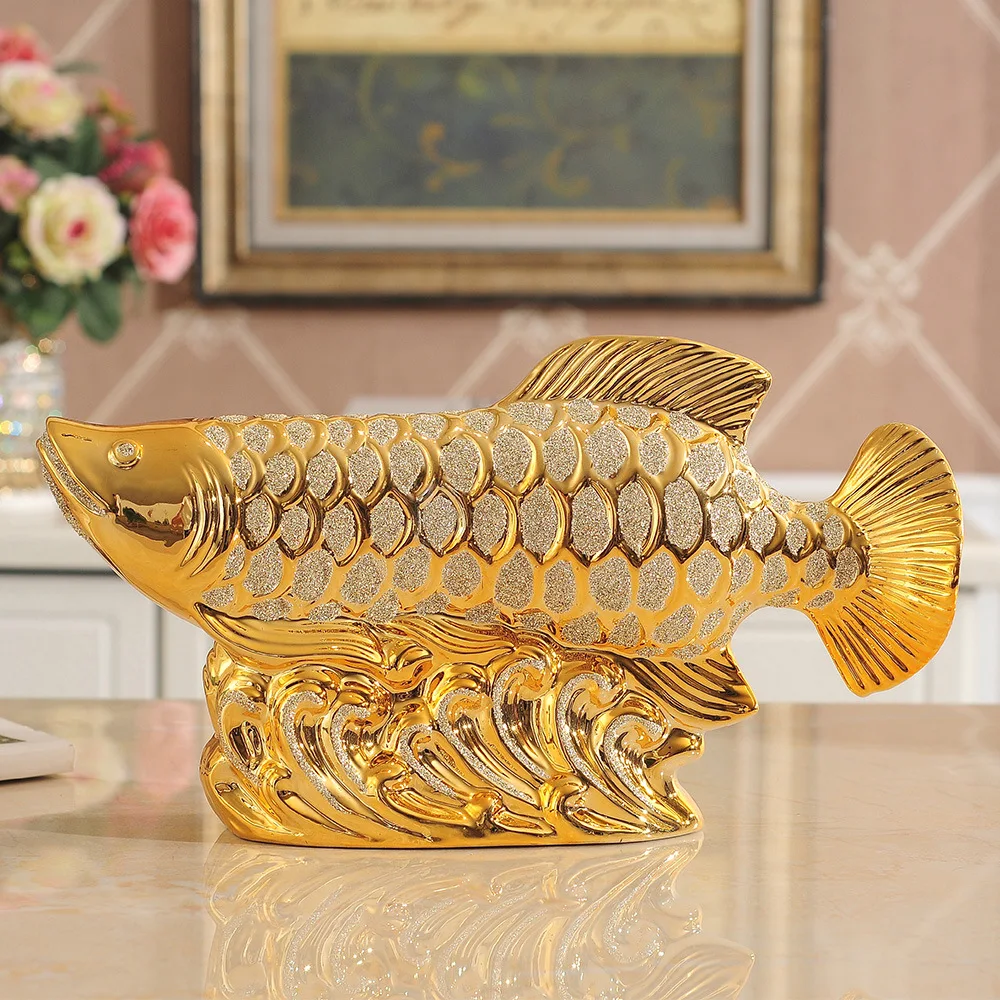 Gold-Plated Ceramic Coating Golden Dragon Fish Ornament Handmade Creative Art Deco Table Living Room